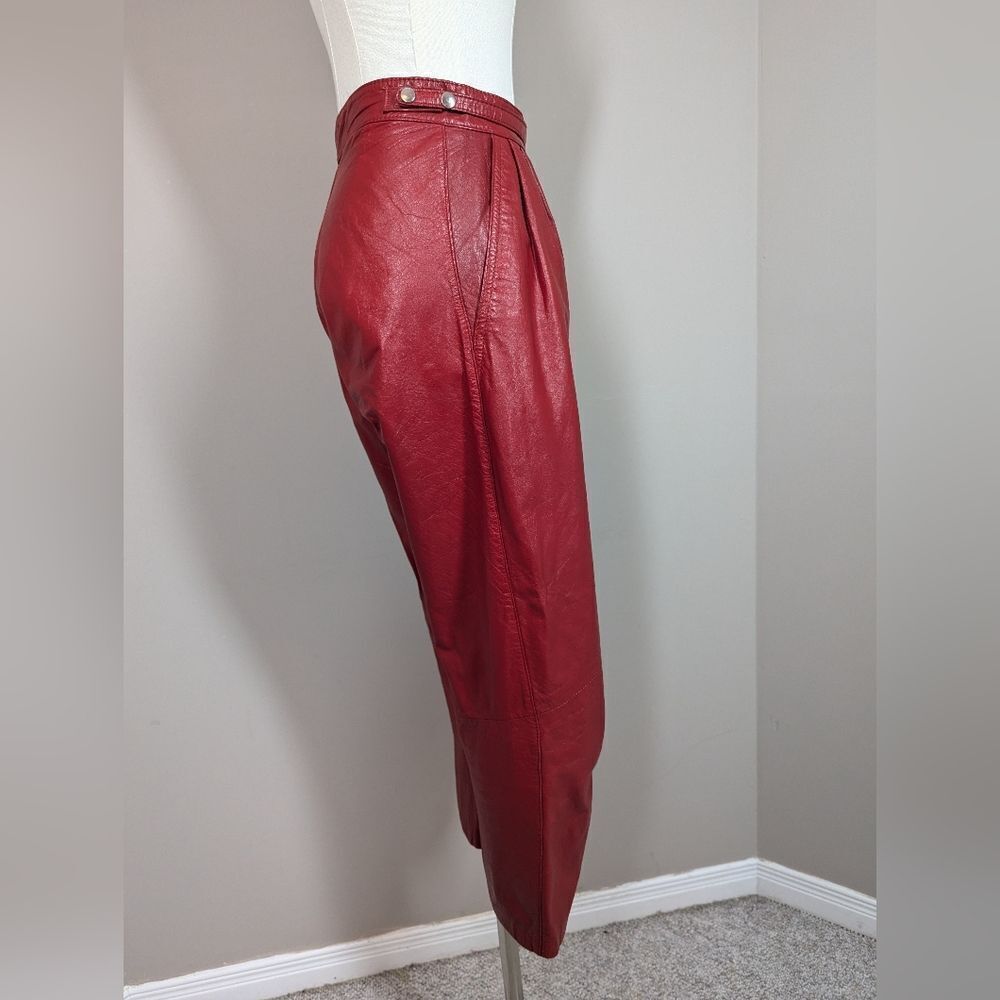 Vintage 80s Red High Waist Genuine Leather Pants Sz 5 Pleated Front - Picture 5 of 8